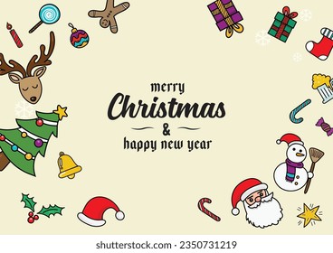 Christmas composition with decorations and gift boxes doodle color. Greeting card Vector illustration 