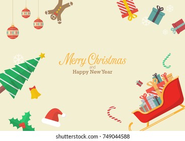 Christmas composition with decorations and gift boxes. Greeting card Vector illustration