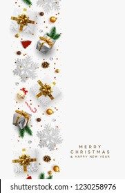 Christmas composition with decorative elements of design. Holiday decoration the border of realistic objects. Xmas greeting card, golden text Merry Christmas and Happy New Year. Vector illustration
