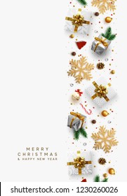 Christmas composition with decorative elements of design. Holiday decoration the border of realistic objects. Xmas greeting card, golden text Merry Christmas and Happy New Year. Vector illustration