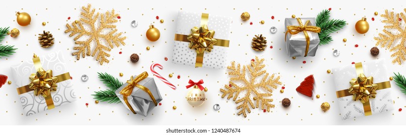 Christmas composition with decorative elements of design. Holiday illustration decoration the border of realistic objects. Xmas banner, greeting card. Festive horizontal template. Flat lay, Top view.