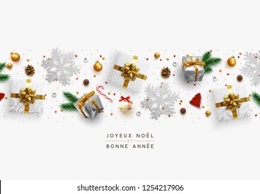 Christmas composition with decorative elements of design. Holiday decoration the border of realistic objects. Xmas greeting card, golden text Merry Christmas and Happy New Year. Vector illustration