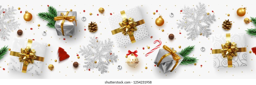 Christmas composition with decorative elements of design. Holiday illustration decoration the border of realistic objects. Xmas banner, greeting card. Festive horizontal template. Flat lay, Top view.