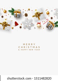 Christmas composition with decorative elements of design. Holiday decoration the border of realistic objects. Xmas greeting card, golden text Merry Christmas and Happy New Year. Vector illustration