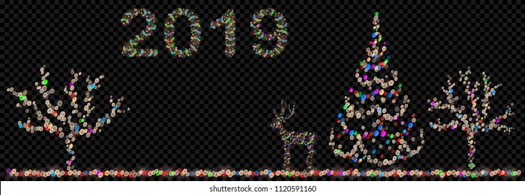 Christmas composition with digits 2019, trees and deer made of defocused multicolored fairy lights with bokeh effects