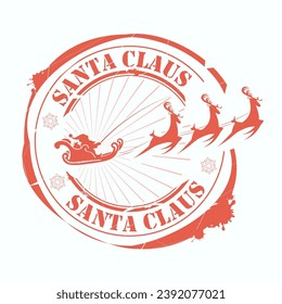 Christmas composition element. Red print silhouette with Santa Claus riding his reindeer.