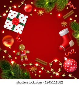 Christmas composition with empty space for text surrounded by new year accessories decorations lights and gifts vector illustration