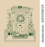 Christmas composition featuring a wreath decorated front door, spruces and gift boxes on the porch. Whimsical, hand drawn vector doodle illustration for festive atmosphere.