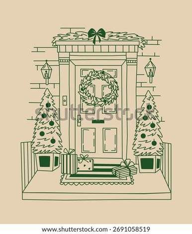 Christmas composition featuring a wreath decorated front door, spruces and gift boxes on the porch. Whimsical, hand drawn vector doodle illustration for festive atmosphere.