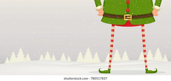 Christmas composition of feet and hands of Elf standing in the snow . Festive New Year background.