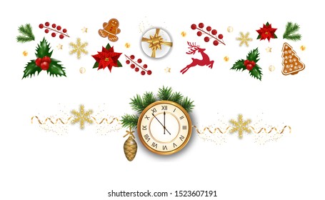 Christmas composition of festive elements cookies, holly berries, clock, poinsettia, snowflakes, gift box, Christmas tree decorations on white background. Xmas border or banner. Vector illustration.