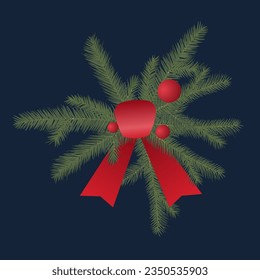 Christmas composition with fir bances, glass balls and ribbon, vector illustration.