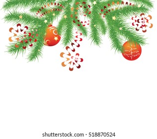 Christmas composition, fir branch and red Christmas balls, vector illustration