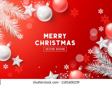 Christmas Composition with fir branches, christmas baubles and snowflakes on a redbackground. Top view vector illustration.