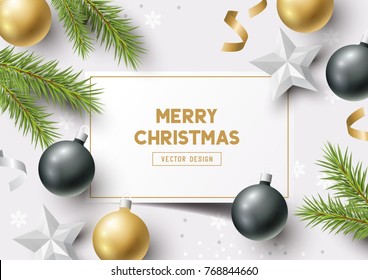 Christmas Composition with fir branches, christmas baubles and snowflakes on a colorful abstract background. Top view vector illustration.