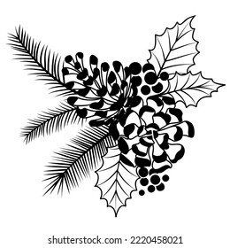 Composición navideña para ramas y conos, poinsettia, silueta para cortar o imprimir.