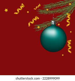 Christmas composition of fir branches, festive green glass ornaments, confetti and stars on a bright red background. Vector.