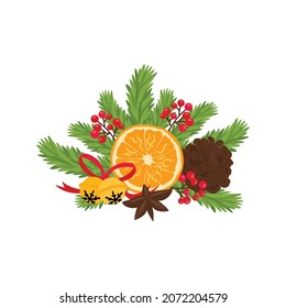 Christmas composition with fir branches, orange slice, christmas bells, berries and pine cone. Vector illustration for greeting card, decorations, baner
