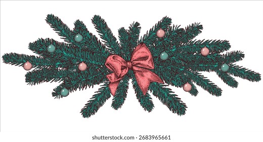 Christmas composition with fir branches, pine toys, and a red bow. Vintage style. Vector hand draw illustration.
