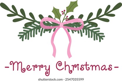 Christmas composition with fir branches and pink bow. Vector illustration for greeting cards, banners and other graphic design	