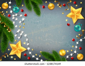 Christmas composition with fir needle stars and fairy lights with balls and empty space for text vector illustration