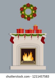 Christmas composition with a fireplace. There is a fireplace, decorated with Christmas decorations, a Christmas wreath and gift boxes on a gray background in the picture. Vector illustration
