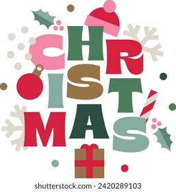 Weihnachtskomposition. Flaches Design, Schriften und Vektorsymbole zum Winterthema. Farbiges Muster.