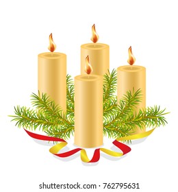 Christmas composition. Four burning wax candles, decorated with a spruce branch and decorative red ribbon. Isolated. White background