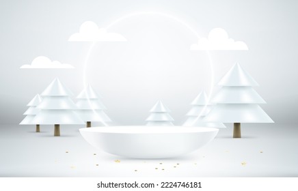 Christmas composition with frame and different holiday accessories. 3d vector banner with copy space