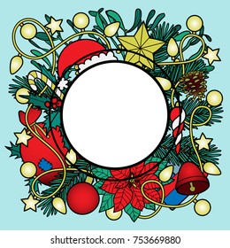 Christmas composition frame. Nature round colorful new year object on blue background for greeting cards, mock ups, postcards and covers with text place.