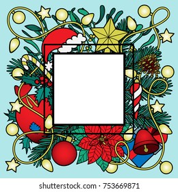 Christmas composition frame. Nature square colorful new year object on blue background for greeting cards, mock ups, postcards and covers with text place.