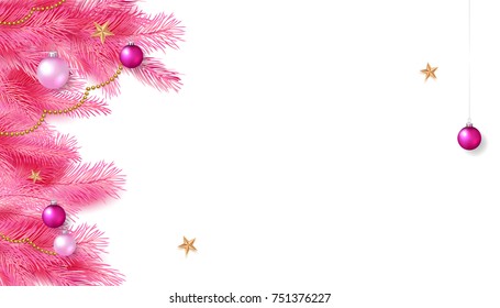 Christmas composition. Frame with pink fir branches, balls, gold stars. Vector illustration.