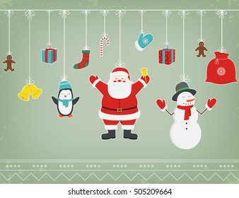 Christmas composition with funny christmas characters and decoration elements. Vector illustration