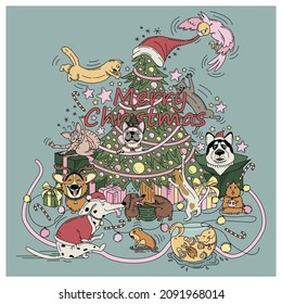 Christmas composition with funny pets  in doodle style. Husky, dalmatian, corgi, dachshund, canadian sphinx, cats, parrot, hamster and guinea pig around decorated christmas tree, Vector illustration