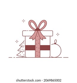 Christmas composition with gift box and decorations, Christmas card design.