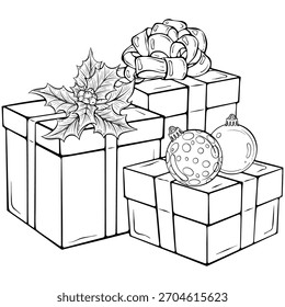 Christmas composition with gift boxes decorated bow made of ribbon, holly, tree balls. For holiday card, poster. Vector illustration in hand drawn sketch style. Line art isolated on white for print