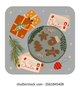 Christmas composition with gift boxes, gingerbread, pine branch, letters for Santa. The view from the top is a cozy winter composition. Vector illustration in hand drawn cartoon flat style. 