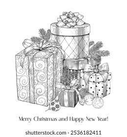 Christmas composition with gifts boxes, balls, fir branches. Black white. Hand drawn engraved Vintage Vector illustration for design holiday decor, decoration new year, greeting card