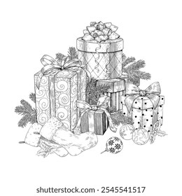 Christmas composition with gifts boxes, balls, fir branches, socks. Black white Hand drawn engraved Vintage Vector illustration. Background for design holiday decor, decoration new year, greeting card