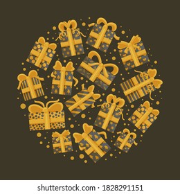 Christmas composition with gifts. Design for Holidays invitation card, poster, banner, postcard, print. Vector illustration.