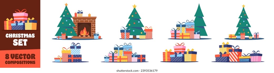 Christmas composition. Gifts composition set.