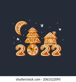 Composición navideña de pan de jengibre. Felicitaciones por el nuevo año 2022.