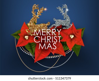 Christmas composition with gold and silver deer silhouettes , garlands and poinsettia flowers