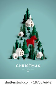 Christmas composition with green Christmas trees, white houses and traditional  red Scandinavian toy horse.