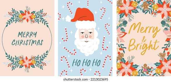 Christmas composition for greeting card, posters, wall art, invite. Cute hand drawn santa, wreath and winter floral illustration. 