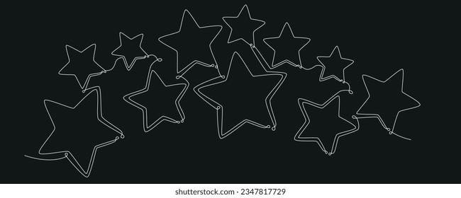 Christmas composition hand drawing continues one single line stars. Vector stock illustration isolated on black background for template invitation, card, presentation, frame or border. Editable stroke