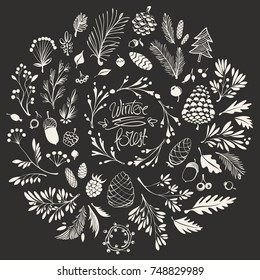 Christmas Composition with Hand drawn Floral Ornaments, Twigs, Cones and Garlands