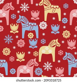 Christmas composition. Hand drawn illustration horse, snowflake, flower,lotes seamless pattern in vector on red background.