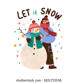 Christmas composition with happy girl embracing snowman and Let it snow lettering. Child hug funny snow man. Vector flat cartoon illustration of xmas card with holiday inscription isolated on white.