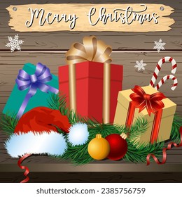 Christmas composition in illustration.Vector Christmas illustration with gifts and fir branches on a wooden background.